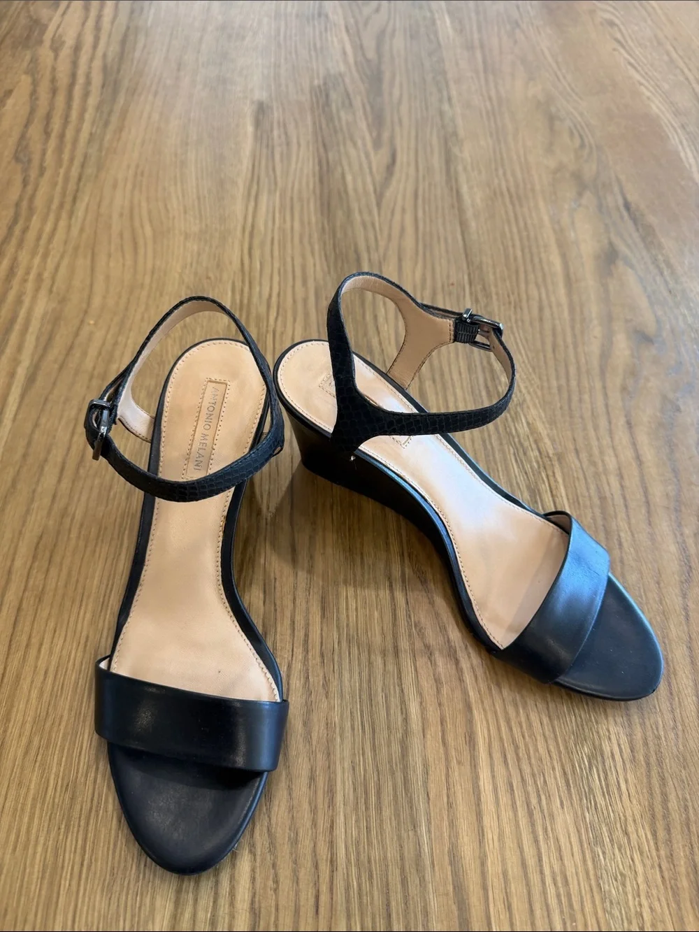 ANTONIO MELANI Black Leather Wedge Sandals Ankle Strap Size 8 Dress Heels